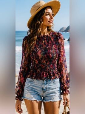 NATURAL LIFE Navy Floral Smocked Peplum Blouse